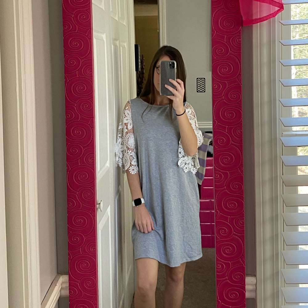 gray dress w/ lace sleeves